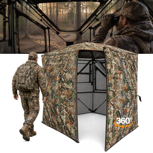 Hunting Blind See Through, Pop Up Ground Deer Blind, Large Door | 270/288/360 Degree See Thru, 1/2/3/4 Person Hunting Camouflage Tent, With/Without floor, Swing/Diamond/Horizontal Door Design - size: 2-3 Person, style: 360°/Swing Door