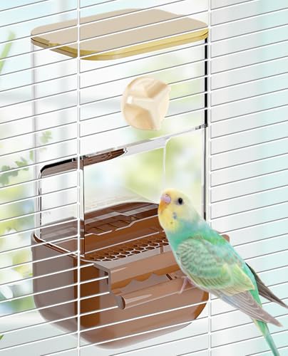 BNOSDM No Mess Bird Automatic Feeder Bird Cage Feeders Parrot Cage Accessories Transparent Seed Food Container with Perch for Finches, Parakeets, Budgies, Lovebirds, Cockatoos, Canaries (Brown) - color: Brown