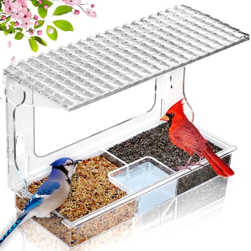 Gbekery Window Bird Feeder for Viewing with Suction Cups & Detachable Tray | Clear Acrylic Window-Mounted Feeder, Removable Separate Seed & Water Tray with Drainage Holes, Ideal Gift for Bird Watchers