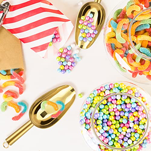 6 Ounce Ice Scoop Set of 2, E-far Gold Stainless Steel Small Scoops for Ice Cube/Candy/Flour/Sugar, Metal Utility Scoops for Canisters, Baking, Kitchen Pantry, Rust Free & Dishwasher Safe - color: Gold