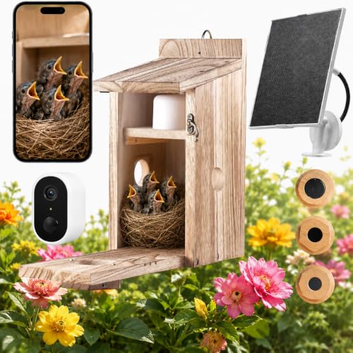 Smart Bird House with Camera – Burnt Wood Finish, AI Bird Recognition, IP66 Waterproof, Two-Way Audio, App Control, 4MP Full-Color Night Vision,Solar-Powered,Cloud & SD Storage - color: Natural Walnut, size: Solar Edition