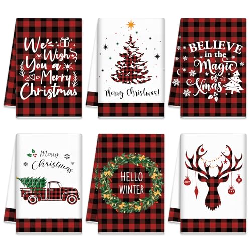 Oudain 6 Pcs Christmas Kitchen Towels Christmas Hand Towels Red Black Buffalo Plaid Xmas Tree Elk Dish Cloths Winter Garland Truck Decorative Tea Dishcloths for Home Kitchen Bathroom Xmas Gifts - color: Plaid