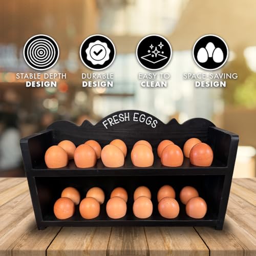Black Premium Pine Wooden Egg Holder 2-Tier Durable 24-Egg Storage Solution Ideal for Modern and Rustic Kitchen Fresh Eggs