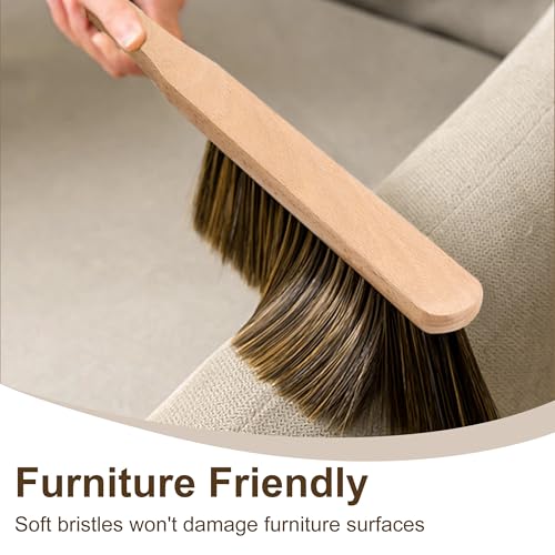Hand Broom, 3 Pcs Dust Brush Set, 5 Rows Wider Horsehair Brush with Reinforced Fiber and Beech Wood Handle, Soft and Flexible for Furniture, Sofa, Bed, Clothes, Carpet, Counter, Bench