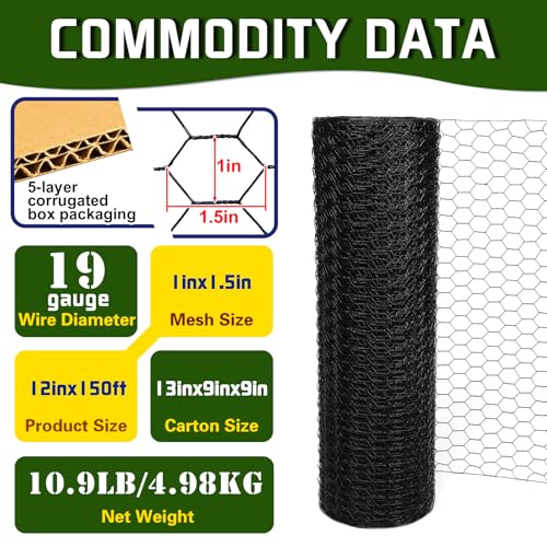 Premium Black Chicken Wire Fencing 12inx150ft, PVC Coated Chicken Wire, Poultry Netting, Galvanized Chicken Wire Barrier for Floral Arrangements/Craft Projects/Pet/Rabbit - color: Black, size: 12inx150ft