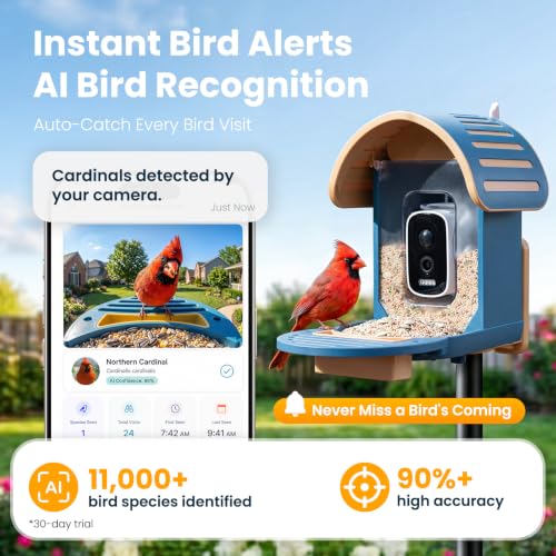 Smart Bird Feeder with Camera, Blue | 2.5K UHD, AI Bird Species Identification, Solar Powered, 2.4G WiFi, IP66 Waterproof Outdoor, Instant Alerts, Gift - color: Blue