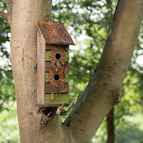 Glitzhome 14.5" H Wooden Bird House Hanging Two-Tiered Distressed with Flowers Decorative Garden Birdhouse,Green - color: 14.45"H