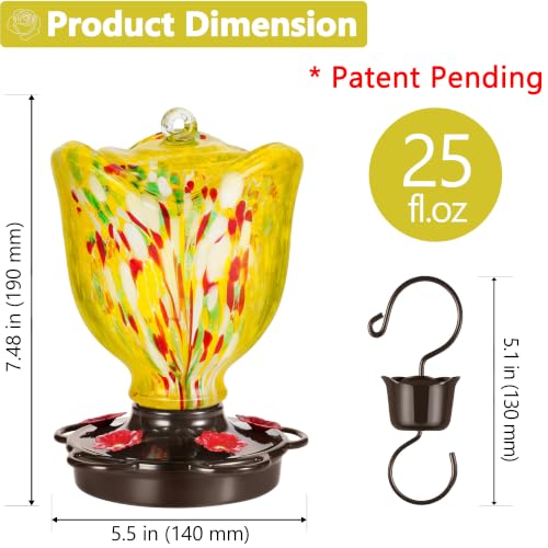 LUJII Rose Shaped Hummingbird Feeder for Outdoor Hanging, Hand-Blown Glass, 25 fl.oz, Leak-Proof and Rustproof, with Ant Moat and 5-Port Metal Cover, Yellow - color: Yellow