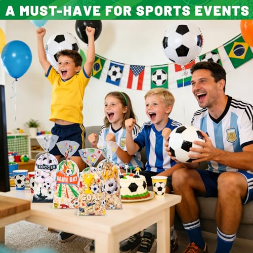 QOIUSO 100PCS Soccer Cellophane Treat Bags - Clear Plastic Goodie Bags with 110 Gold Twist Ties - Soccer Party Favor Bags for Snacks, Game Day, Sports Events, Birthday & School Activities - color: Soccer-100pcs