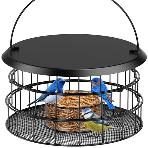 Hanging Bird Feeder, Metal Caged Squirrel Proof Bluebird Feeders Metal Mesh | All Metal, Cage Mealworm Bird Feeder with Tray, Squirrel Proof & Weatherproof, Easy to Refill & Clean