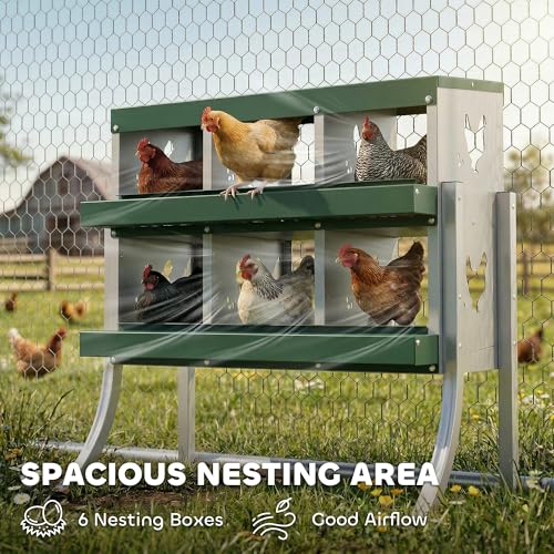 PawHut Chicken Nesting Boxes 6 Compartment for Hens Ducks, Silver | Two-Tier Egg Laying Boxes, Vented Holes, Easy Egg Collection, Metal Nesting Boxes for Chickens - size: 34.1"L x 18.9"W x 34.1"H, style: Roll Away