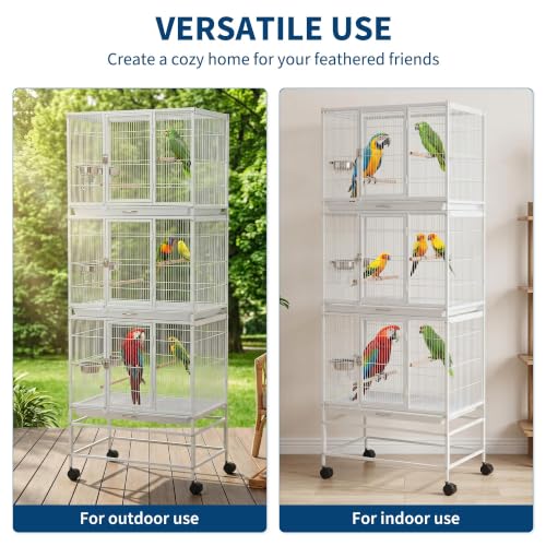 TrailBlaze Heavy Duty Large Bird Cage - 74 Inch Stackable Aviary with 3 Dividable Compartments, Removable Trays, Spacious Flight Enclosure for Parakeets, Cockatiels, Conures, Finches, Easy Clean - color: White