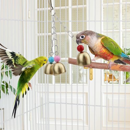 Hypeety Bird Bell Toy with Sweet Sound Cage Hanging Swing Bell for Parakeet | 3 brass bells with colorful beads, chewable for easy-hanging, encourages play and exercise, for small and medium bird, 7.09'' - color: Bell Toy-3 bells (B)
