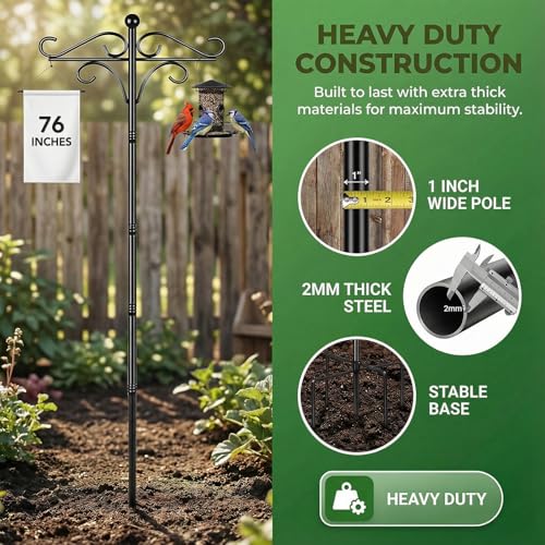 76" Double Shepherds Hooks for Outdoor | Bird Feeder Pole with 5 Prong Base, Metal Hooks for Hanging Plant Baskets, Solar Lanterns & Hummingbird Feeders - size: 76 Inch