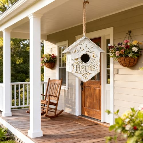 Vintage Metal Hanging Birdhouse, Decorative Bird House with Home Engraving, Distressed Design White and Gold Bird Home, Ideal for Outdoor Garden Decor - color: White-Home