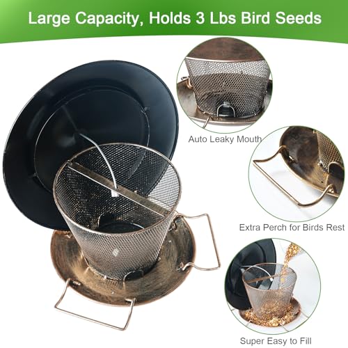 Metal Bird Feeder for Outdoor Hanging 9.8" Roof 3 LBs Seeds Capacity | Heavy Duty, Rainproof, Weatherproof, Rustproof, Large Dome, 360° Feeding, Attracts Various Birds, Easy to Refill & Clean