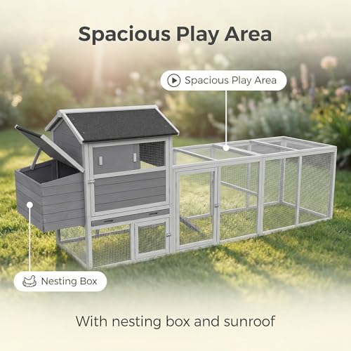 113inch Chicken Coop, Large Wooden Chicken Coop with Nesting Boxes & Run Cage for 3-6 Chickens, Outdoor Hen House Poultry Hutch Rabbit Cage with No-Slip Ramp & Pull-Out Tray for Backyard Farm (Gray) - color: Gray