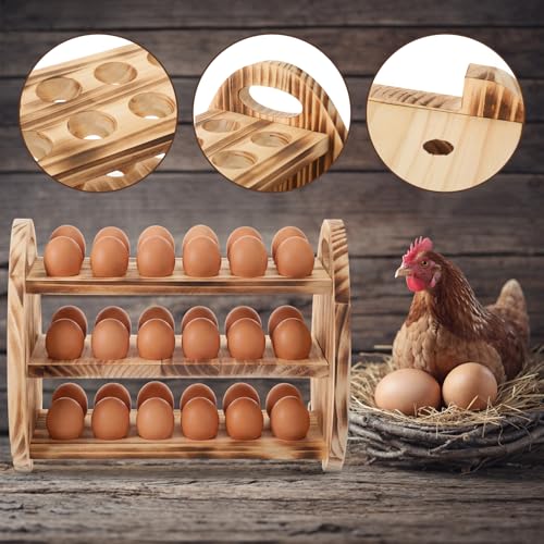 Egg Holder Countertop, 3 Tier /36 Hole Wooden Fresh Egg Storage Holder, Wood Collecting Tray Racks Engraved Farm Panel Rustic Farmhouse Organizer with Handle for Kitchen Easter Display Store