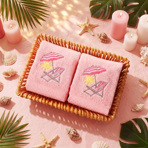 SmoothNovelty 2 Pcs Beach Chair Hand Towels Pink Bathroom Decor 14x29 Inch | Embroidered Pink Bathroom Hand Towels, 100% Cotton, Soft Absorbent, Summer Beach Coastal Theme Bathroom Kitchen Decor - style: Cute Beach Chair
