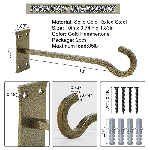 10" Heavy Duty Wall Plant Hanger, 2 Pack Gold Hammertone | Rustproof, holds 35 lbs, mount for garden patio porch indoor outdoor, fits bird feeders lanterns flower pots wind chimes - color: Gold Hammertone, size: 10in Steel Heavy Duty