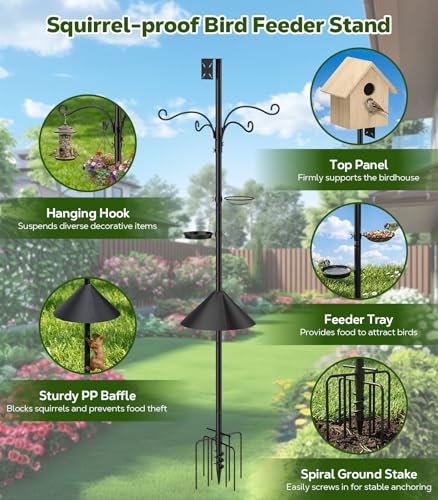 MoKo Bird Feeder Pole, 92 in Bird House Pole Squirrel Baffle 9 Prong Base | Bird Feeding Station Heavy Duty, Includes Water Bowl and Mesh Tray for Feeding, for Gardens No Bird House, Black