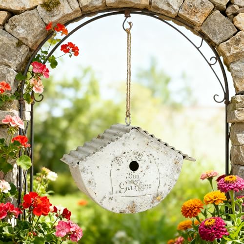 Vintage - Style Decorative Birdhouse, Rustic Metal Bird House with My Garden Distressed Finish, Hanging Bird Home for Garden and Outdoor Decor (White - Garden) - color: White - Garden