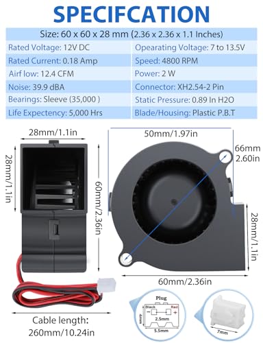 Wathai 12V DC Centrifugal Blower Fan 60mm x 28mm 2 Inch Squirrel Cage Turbo | 60mm blower 2 Inch Squirrel Cage Turbo Cooling Fan High Speed for Car Amp, 3D Printer, RV Fridge, PC, Humidifier