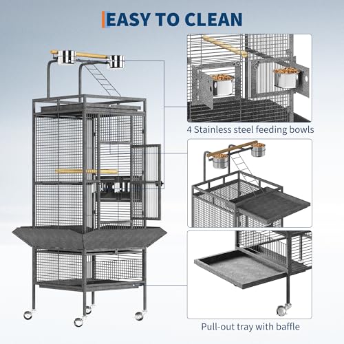 61" Large Bird Cage, Metal Parrot Cage with Play Top, Rolling Stand & Bowls - Bird Aviary for Parrots, Conures, Cockatiels, Parakeets, Indoor Outdoor Aviary for Outside Yard Garden Porch, Black/Silver