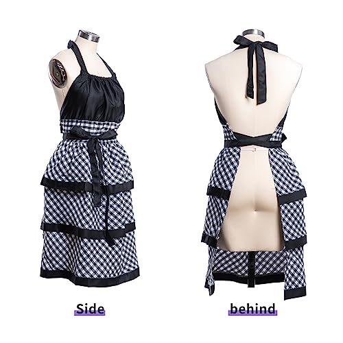 Lovely Flower Pattern Retro Aprons With Large Pockets for Women Girls Cooking Kitchen Bakery Mother's Gift - color: Black Plaid