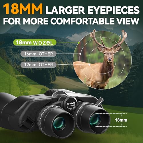 12-36X50 High Powered Zoom Binoculars for Adults - Wozel HD Professional Binoculars with Large Vision - Waterproof Binocular with Low Light for Bird Watching Travel Hunting Sports Cruise Outdoor