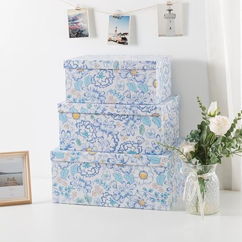 Soul & Lane - Sky Meadow Decorative Storage Boxes with Lids, Set of 3 | Floral Paperboard Nesting Containers for Keepsakes, Memories and Photos, Large Gift Set Boxes for Presents and Decor - color: Sky Meadow