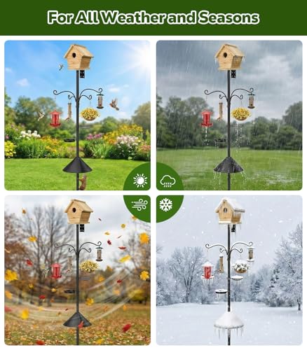 MoKo Bird Feeder Pole, 92 in Bird House Pole Squirrel Baffle 9 Prong Base | Bird Feeding Station Heavy Duty, Includes Water Bowl and Mesh Tray for Feeding, for Gardens No Bird House, Black