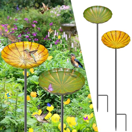 2PCS Metal Flower Bird Bath for Outside, Small Hummingbird Bath Bowl Detachable Birdfeeder Bowl Garden Decor for Outdoor Yard Lawn (2PCS-Yellow-Green) - style: 2PCS-Yellow-Green