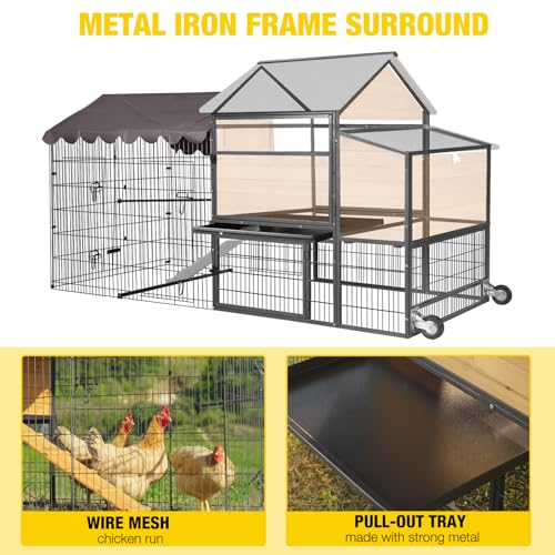 AIVITUVIN Chicken Coop Mobile for 6-8 Chicken Large Chicken House with Metal Frame Chicken Tractor with Wheels Wood Hen House Poultry Cage - size: 85.6"L x 40.6"W x 48.2"H