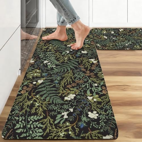 Green Botanical Anti Fatigue Kitchen Rugs, 17.3"x47"+17.3"x29" | Non Slip Comfort Washable Waterproof Fern and Leaves Floor Kitchen Decor Mat, Floral rug Set of 2 for Home, Sink, Laundry - color: Green Botanical