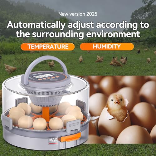 12 Egg Incubators for Hatching Eggs, Automatic Egg Turning & Humidity Control Intelligent Temp Eggs Candler for Chicken Quail Duck etc. Eggs, Suit for Beginner Backyard Hobbyist Students Education - color: Light gray