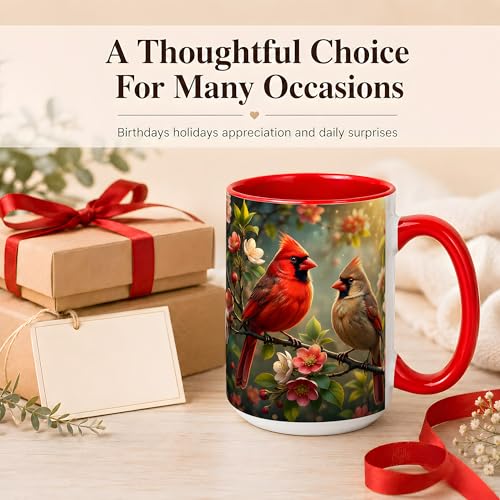 Cardinal Garden Coffee Mug, Bird Lover Mug, Spring Nature Gift for Home Office, Red Songbird Pair with Cherry Blossoms Branch Artwork, Ceramic Red Accent Handle Cup 15 Oz Drinkware (Bird Pair 15oz) - color: Bird Pair 15oz