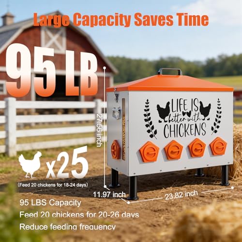 95LB Extra-Large Chicken Feeder with 10 No-Waste Ports – Galvanized Metal Poultry Feeder, Anti-Roost Roof Lid, Feed Level Window & Adjustable Cylindrical Legs – Outdoor Feed Box for Ducks & Geese - size: 95LB