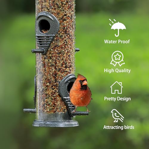 2PK Metal Bird Feeders with 6 Feeding Ports,Tube Bird Feeder with Steel Hanger,Hard Plastic Wild Bird Feeder for Outdoors Hanging, Attracting Birds in Your Lawn, Garden, Balcony (Grey) - color: Grey 2 PACK