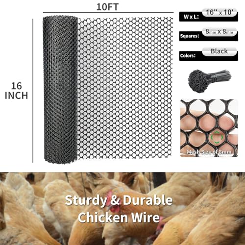 Plastic Wire Mesh Fence 16in x 10Ft Plastic Chicken Wire Mesh for Poultry, Dogs, Rabbit, Snake Barrier & Gardening Versatile Plastic Fencing (16in x 10Ft, Black) - color: Black, size: 16in x 10Ft