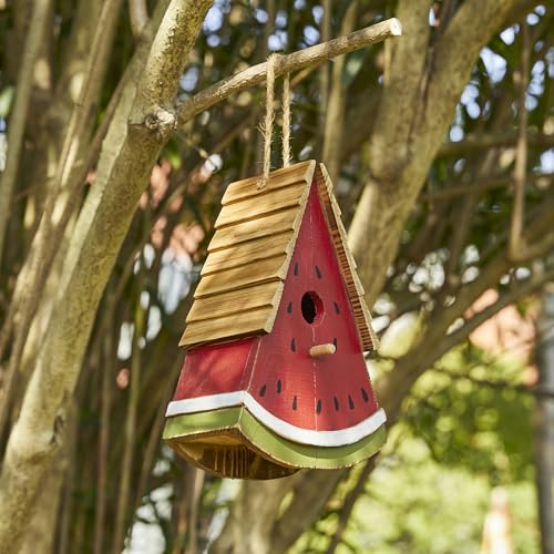 Glitzhome Bird House for Outside, Hanging Birdhouse for Outdoors, 11" H Watermelon Handmade Distressed Solid Wood Bird Houses Garden Decorative Birdhouses for Hummingbird,Sparrow,Wren Finch - color: 11"H Watermelon