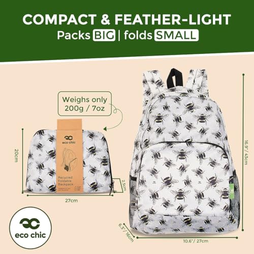 ECO CHIC Hiking Lightweight Packable Backpack - Foldable Daypack for Travel & Hiking & Outdoor Adventures - Waterproof Backpack from Recycled Materials (Bumble Bees Grey) - color: Bumble Bees Grey