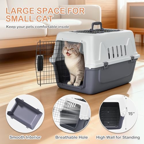22-Inch Dog Crate Plastic 2-Door Top Loading Cat Carrier, Hard-Sided Dog Travel Carrier for Small Dogs and Cats, Ventilation and Security Lock Design for Pets up to 22 lbs (Grey)