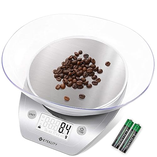 Etekcity 0.1g Food Kitchen Scale, Bowl, Digital Grams and Ounces for Weight Loss, Dieting, Baking, Cooking, and Meal Prep, 11lb/5kg, Stainless Steel Silver | 11lb/5kg capacity with tare, removable bowl, ideal for baking, coffee, meal prep and portion cont