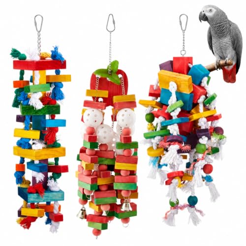 Seenelling 3 Pcs Extra Large Bird Toys for Parrots, Block and Rope | Multicolored Natural Wooden Blocks & Beads Bells, Bird Cage Chewing Toys for Large Medium Macaws African Grey Cockatoos - style: Block and Rope