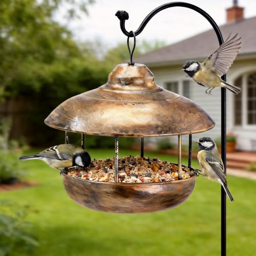 Metal Roof Bird Feeder for Outdoors,Retro Lantern Easy-Clean | Unique Retro Lantern Style, Heavy-Duty Metal Easy-Clean Tray, Garden Yard Patio Decor
