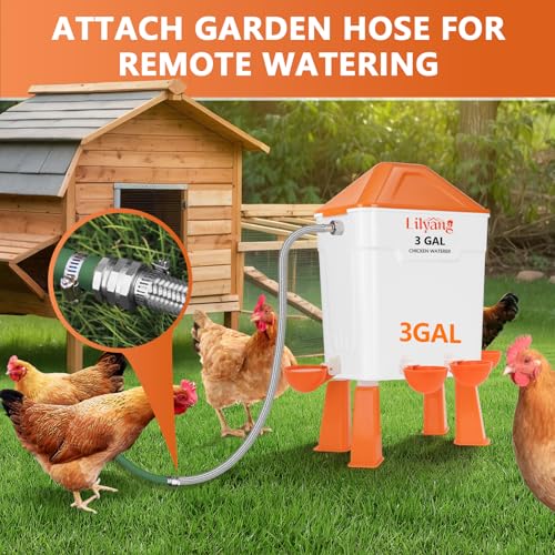 Lilyang 3 Gallon Automatic Chicken Waterer & Feeder Set, Auto Water Refill | Anti-Spill Ports & Stay-Clean Cups, Auto Watering System with Float Valve, No-Waste Poultry Feeder, No-Tools Assembly - color: Bright Orange