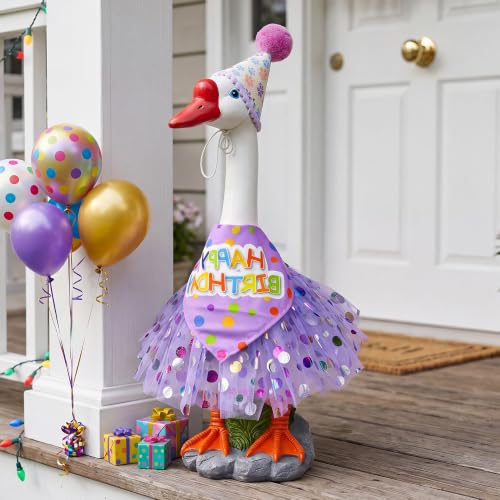 Large Porch Goose Outfits Set Decor - 20" Porch Goose Statue with Birthday Costume Gift for Mom Girl Boy ,Indoor or Outdoor Decorative Figurine for Garden Patio Lawn Entryway Accent,Housewarming Gifts - color: Purple Birthday Set