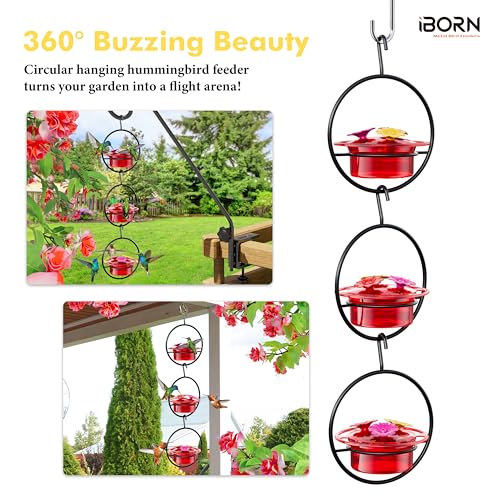 iBorn Circular Hanging Hummingbird feeders for Outdoors 3PCS 3OZ Mini Hummingbird Feeder Humming Bird Feeder, Silicone Feeding Ports, Bee-Proof, New