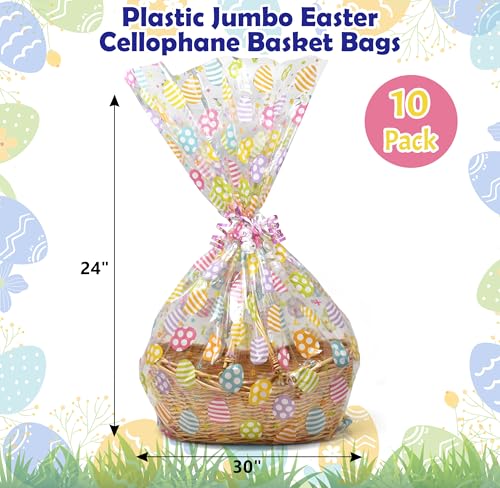 Large Easter Cellophane Basket Bags 10 Pack, Clear Treat Wrap Bags 24 x 30 Inch with Colorful Egg Print and Twist Ties, Jumbo Plastic Gift Wrap for Candy, Party Favors, Holiday Baskets